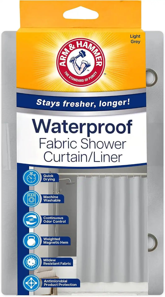 ARM & HAMMER Fabric Shower Curtain with Waterproof Back, 70 x 72, Grey