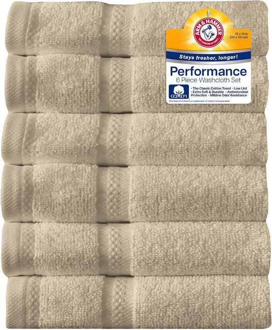 ARM & HAMMER Performance Towel Washcloth Set, 6 Piece, Khaki