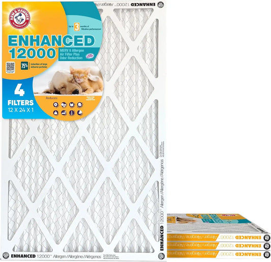 Arm & Hammer 12x24x1 Air Filter (4-Pack) | Merv 8 | Enhanced Allergen | Pet Fresh Odor Reduction | Contains Pure Baking Soda | HVAC AC Furnace | Made in USA | Actual Size 11.75" x 23.75" x 0.75"
