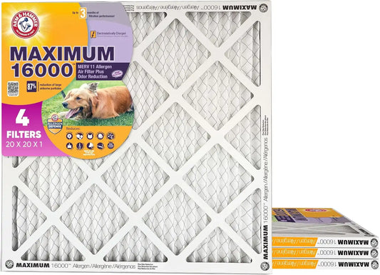 Arm & Hammer Max Allergen & Odor Reduction 20x20x1 Air and Furnace Filter, MERV 11, 4-Pack