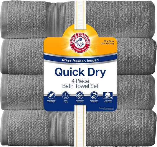 ARM & HAMMER Quick Dry Bath Towels, 4 Piece, Grey