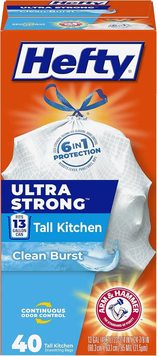 Hefty Ultra Strong 13 Gallon Trash Bags,Tall Kitchen TrashBags 13 Gallon Size,Drawstring Closure,Continuous Odor Control,White,Clean Burst Scent,40-Bags,(Pack of 6)