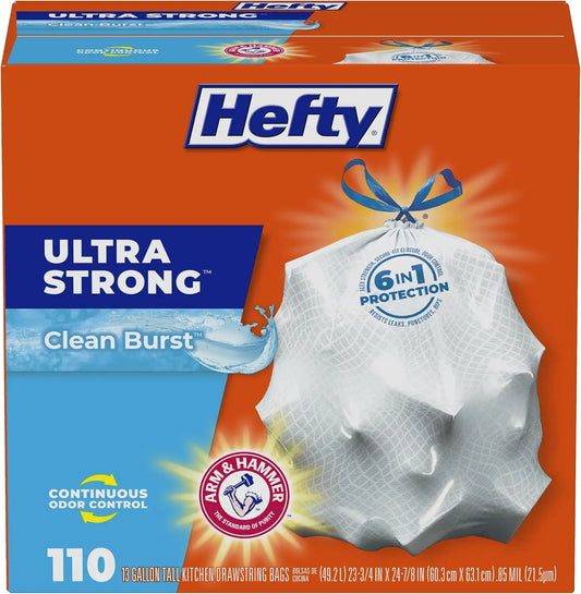 Hefty Ultra Strong 13 Gallon Trash Bags, Tall Kitchen Trash Bags 13 Gallon Size, Drawstring Closure, Continuous Odor Control, White, Clean Burst Scent, 110 Bags