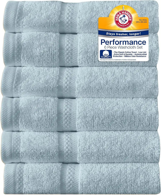 ARM & HAMMER Performance Towel Washcloth Set, 6 Piece, Light Blue