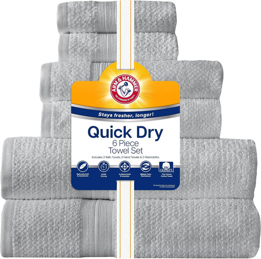 ARM & HAMMER Quick Dry Bath Towel Set, 6 Piece, Light Grey