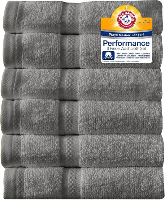 ARM & HAMMER Performance Towel Washcloth Set, 6 Piece, Grey