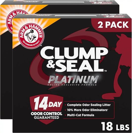 ARM & Hammer Clump & Seal Platinum Cat Litter, Multi-Cat Clumping Litter Forms Rock-Hard Clumps, Powerful Odor Eliminators with Baking Soda, 14-Day Odor Control, 18 lbs (Pack of 2)