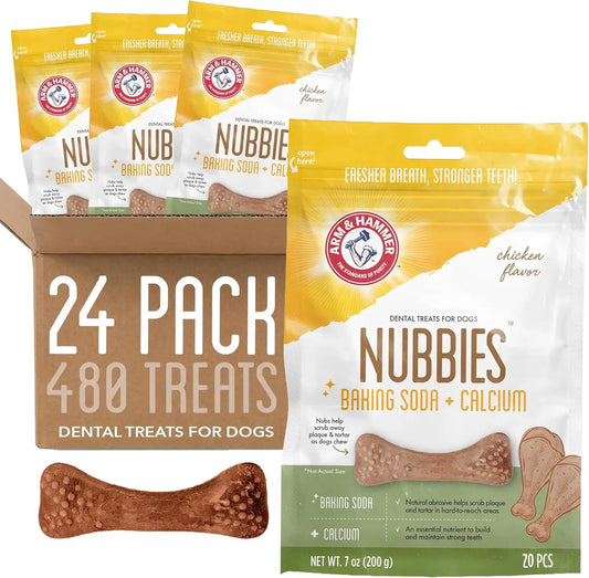 Arm & Hammer Nubbies Dental Treats, Chicken Flavor, 20 Count Bag, 24-Pack