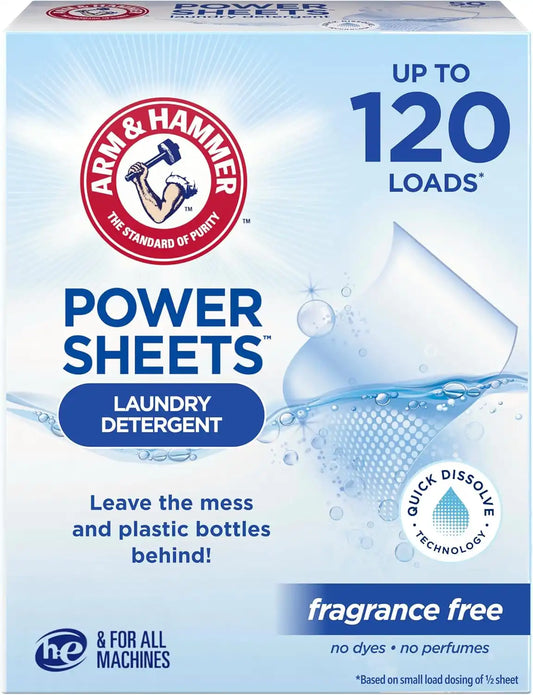 ARM & HAMMER Power Sheets Laundry Detergent, Fragrance Free, 60 Count (Pack of 6)